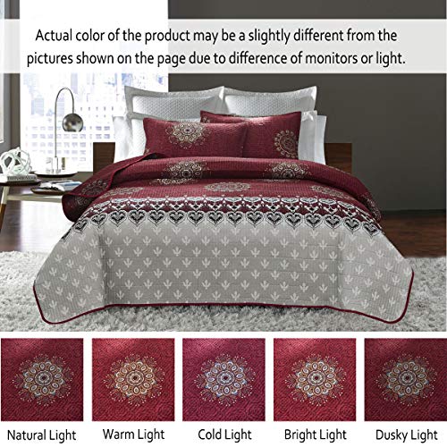 ATsense Printed Quilt Set, Burgundy Medallion 3-Piece Bedspread