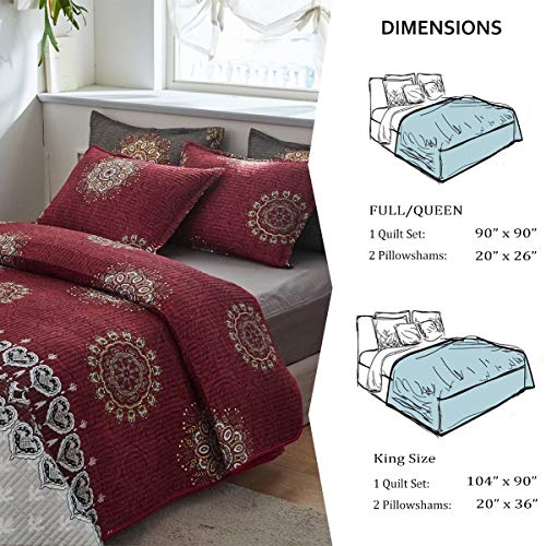 ATsense Printed Quilt Set, Burgundy Medallion 3-Piece Bedspread