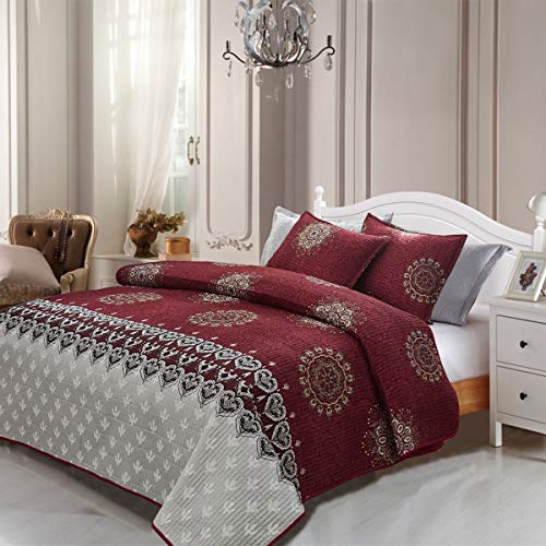 ATsense Printed Quilt Set, Burgundy Medallion 3-Piece Bedspread