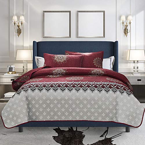 ATsense Printed Quilt Set, Burgundy Medallion 3-Piece Bedspread