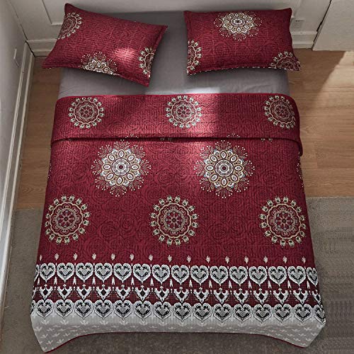 ATsense Printed Quilt Set, Burgundy Medallion 3-Piece Bedspread