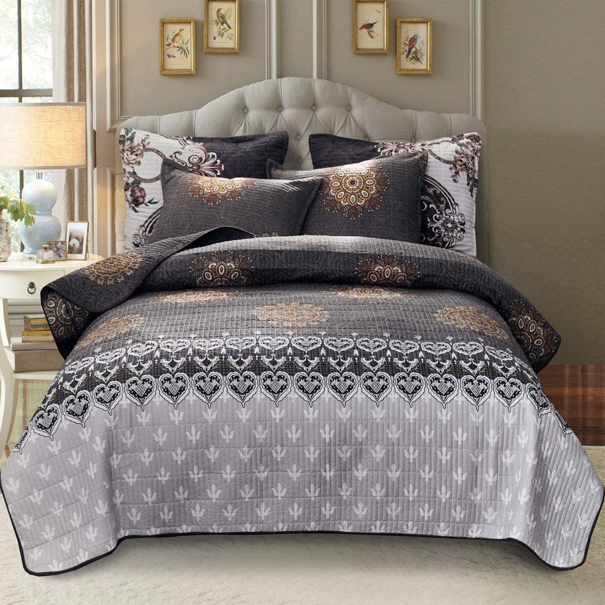 ATsense Printed Quilt Set, Burgundy Medallion 3-Piece Bedspread